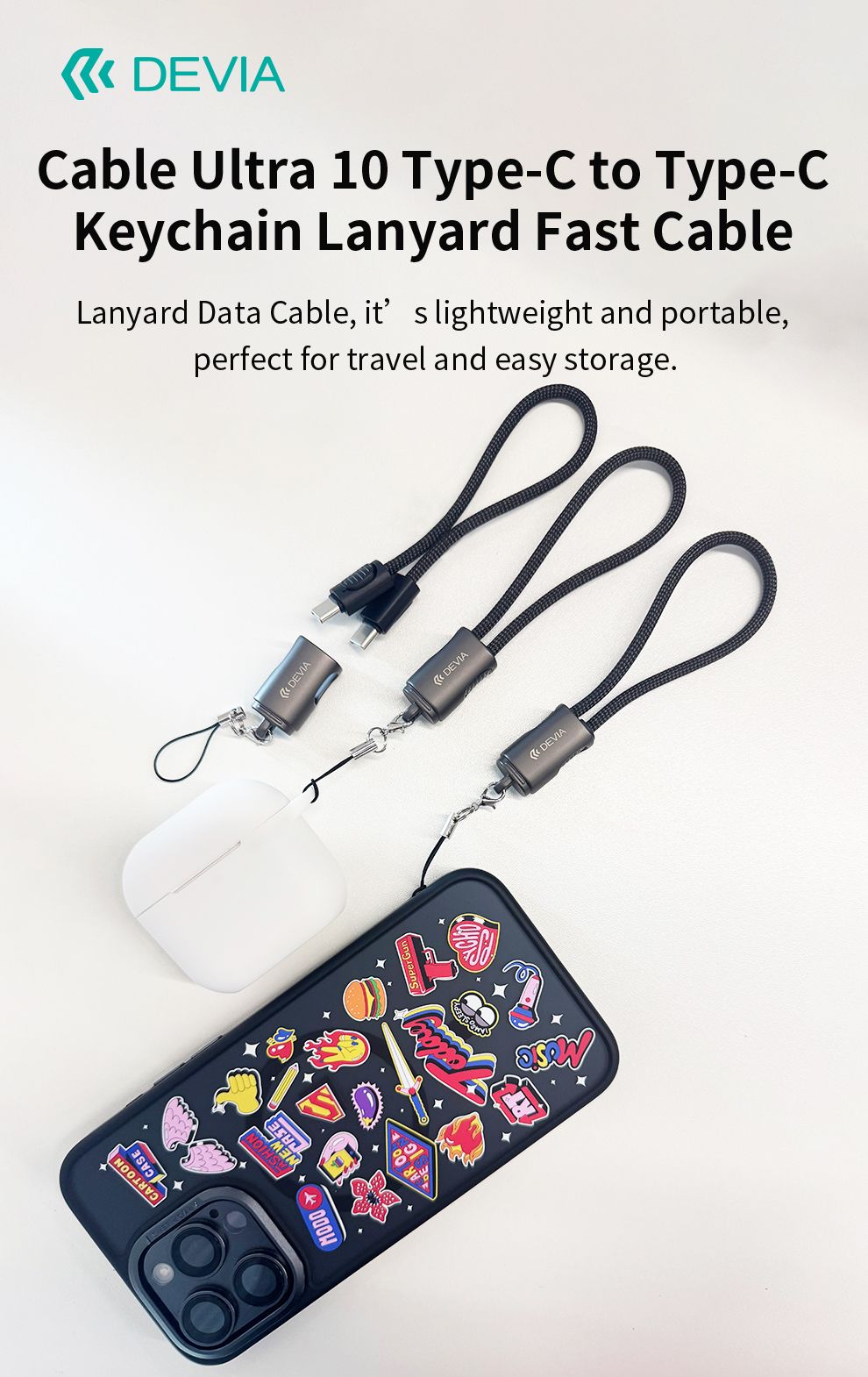 DEVIA Cable Ultra10 Type-C to Type-C Keychain Lanyard Fast Cable (0.2M) - Black