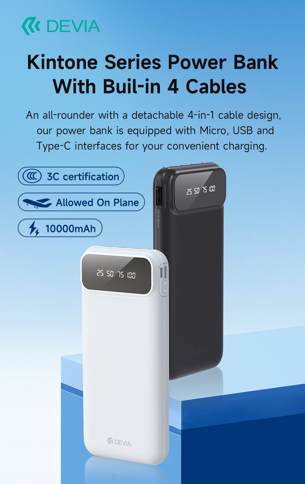 DEVIA Kintone Series Power Bank With Built-in 4 Cables (10000mAh)
