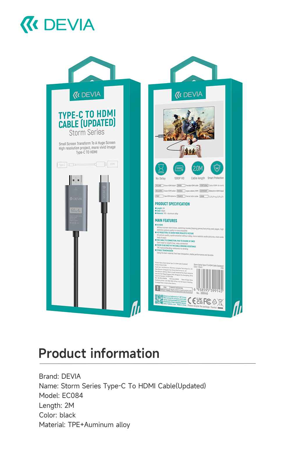 DEVIA Storm Series Type-C to HDMI Cable - Black