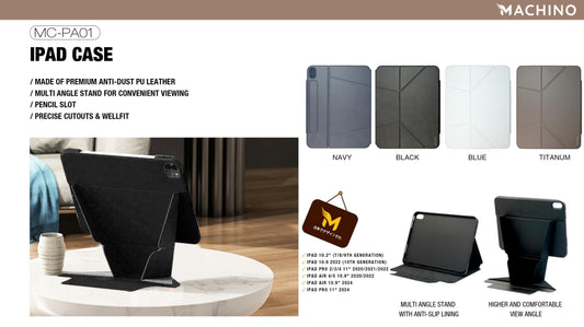 MACHINO Leather Case for iPad Pro 11" (2018-2022)/iPad Air 11" (2024/2025)/iPad Air 10.9" (2022/2020)/iPad Pro 11" (2024) (MC-PA01)