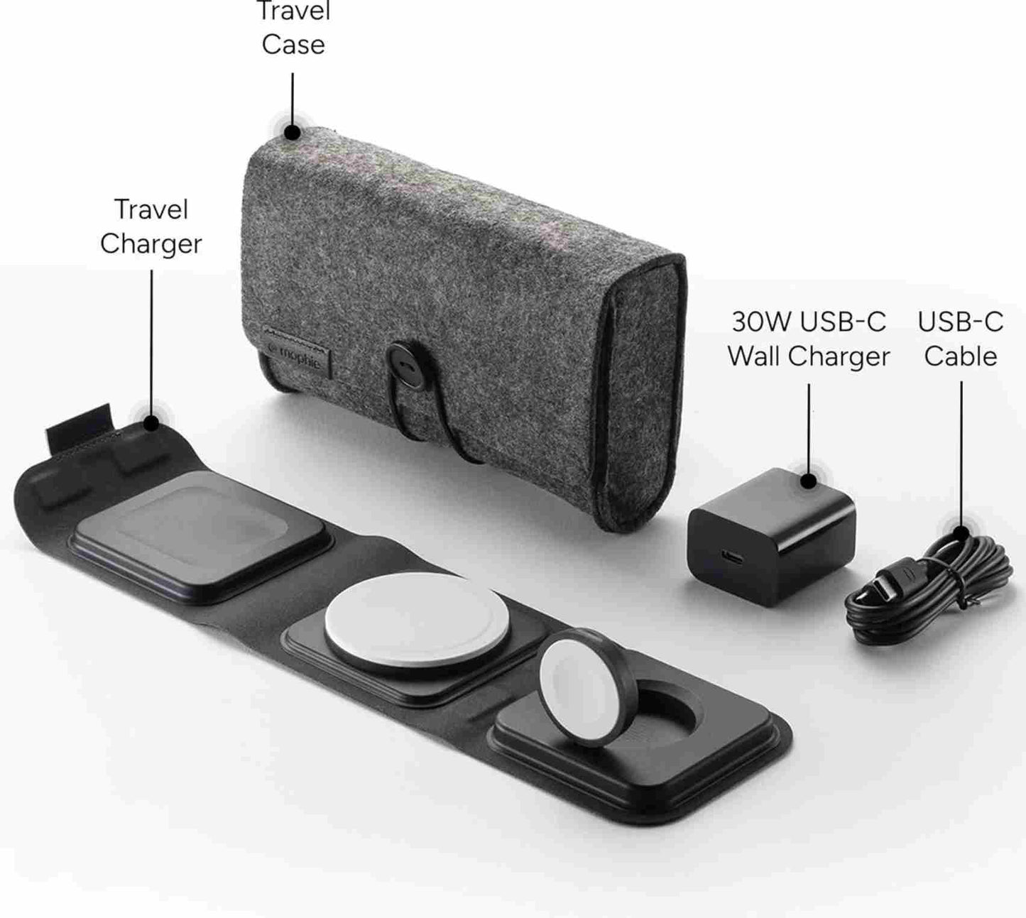 Mophie 3 in 1 Travel Charger with MagSafe included 30W USB-C Wall Adapter and C to C Cable - Black