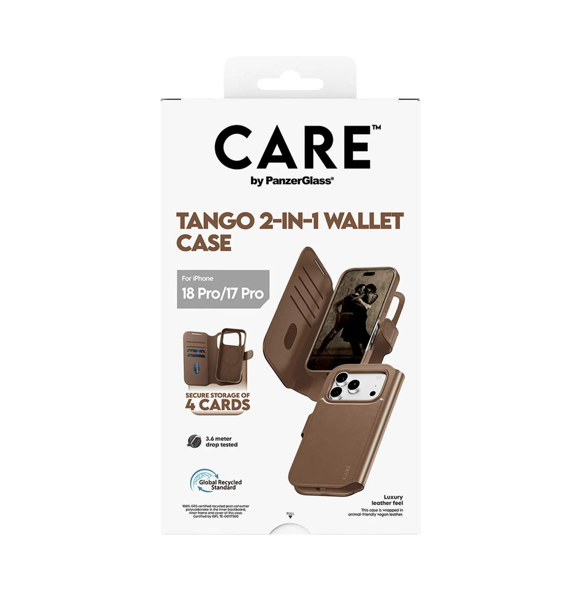 CARE by PanzerGlass Tango 2-in-1 Wallet Case with MagSafe for iPhone 18/17 Series (2026) - Brown