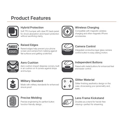 JTLEGEND Glitter Hybrid Cushion Mag Case with MagSafe & Lens Stand for Apple iPhone 17 Series (2025) (with Camera Control Button)