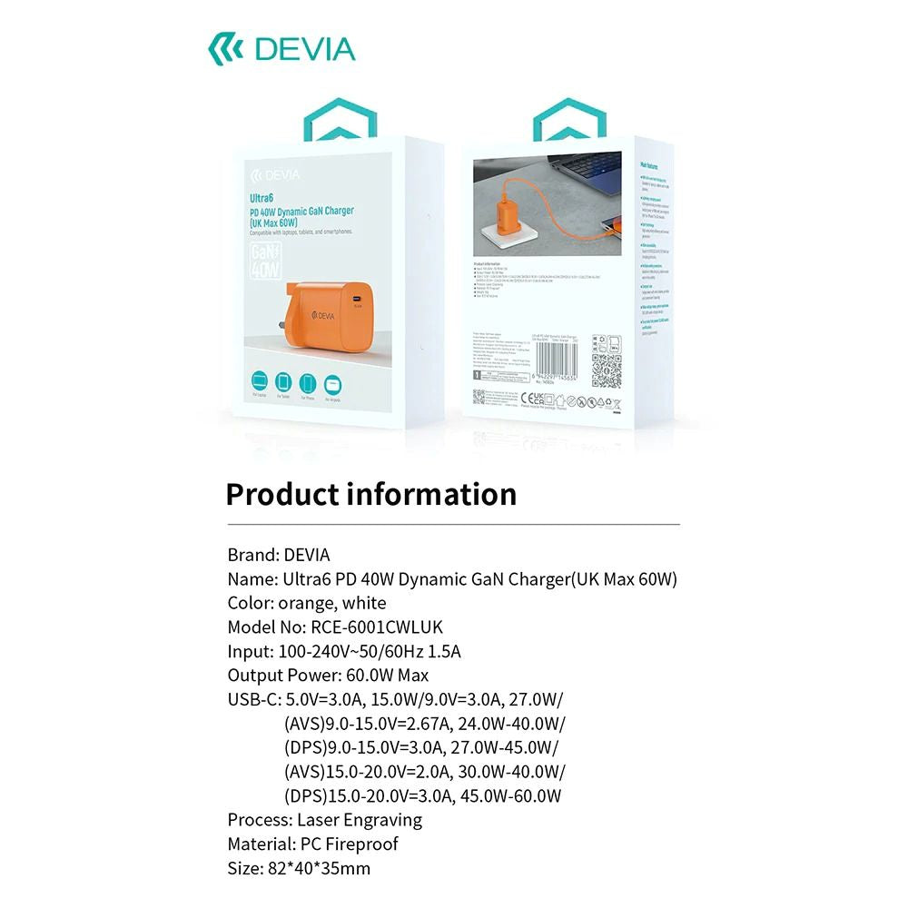 DEVIA Ultra6 PD 40W Dynamic GaN Charger (UK, Max 60W) for Laptops, Tablets and Smartphones
