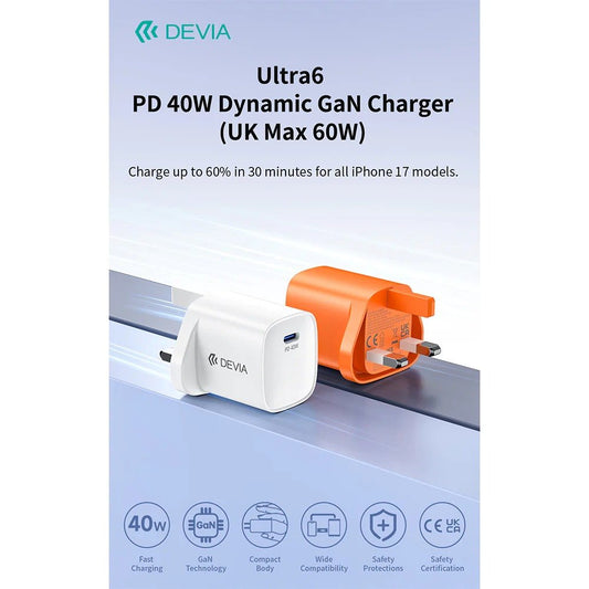 DEVIA Ultra6 PD 40W Dynamic GaN Charger (UK, Max 60W) for Laptops, Tablets and Smartphones