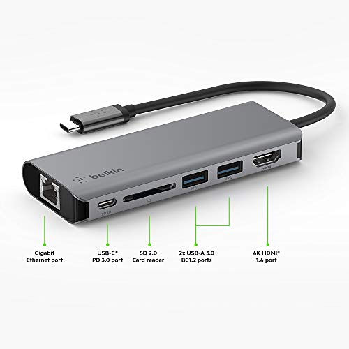 Belkin USB C Hub, 6-in-1 MultiPort Adapter Dock with 4K HDMI, USB-C 100W, 2 x USB A, Ethernet Port