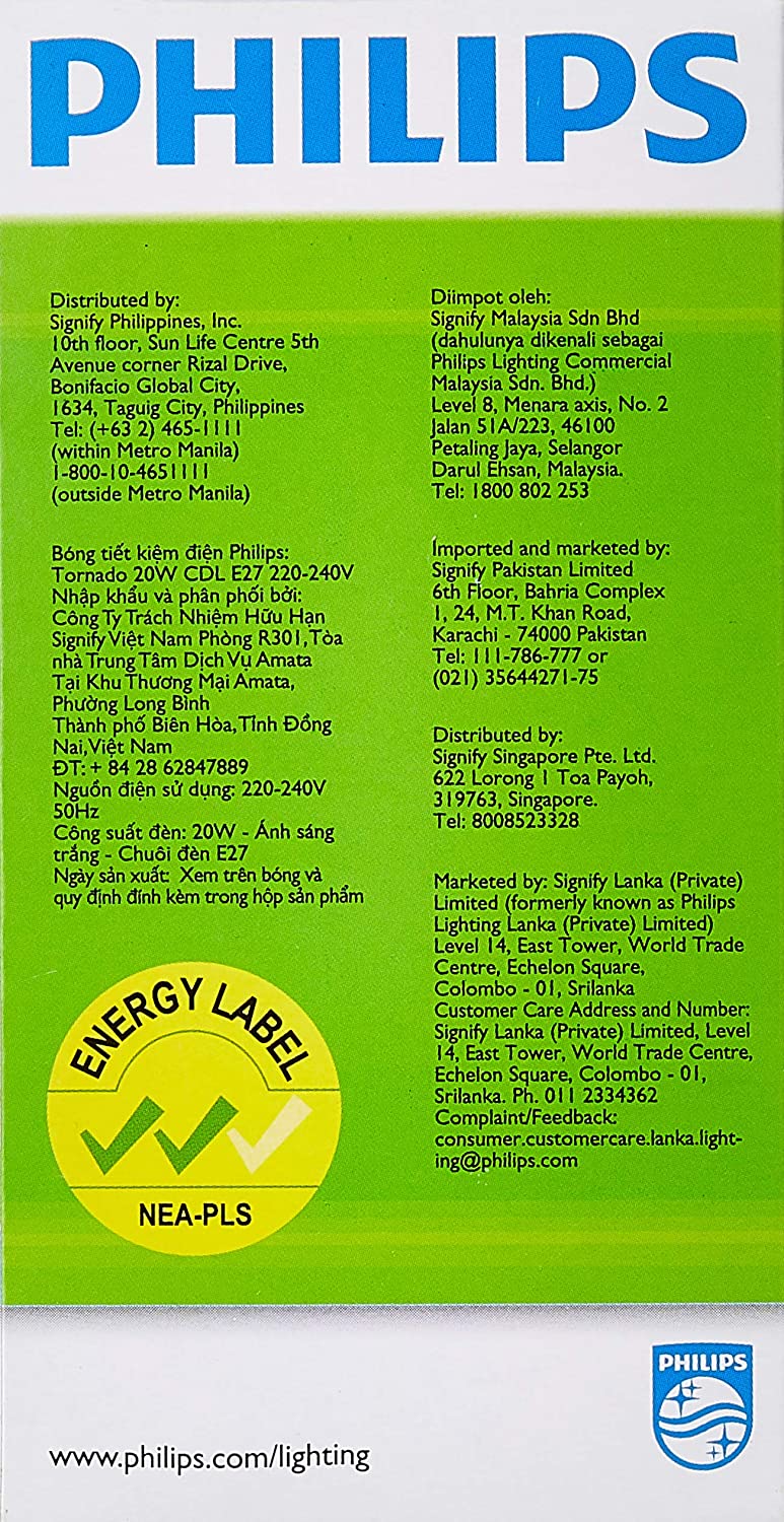 Philips Tornado 20W Energy Saver Cool Daylight Extra Bright 80% Energy Saving E27 220-240V 50-60Hz