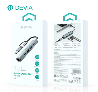 DEVIA Pro2 USB+Type-C to RJ45+2A+2C 5-in-1 Hub with RJ45, USB 3.0, USB 2.0, and two Type-C Ports
