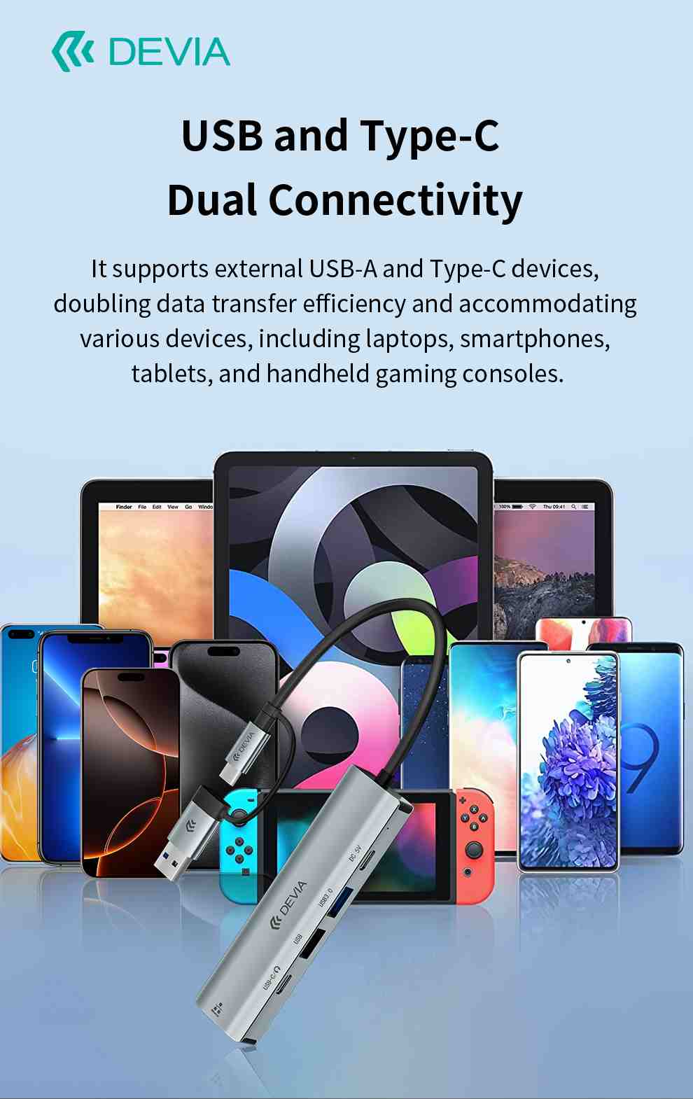 DEVIA Pro2 USB+Type-C to RJ45+2A+2C 5-in-1 Hub with RJ45, USB 3.0, USB 2.0, and two Type-C Ports