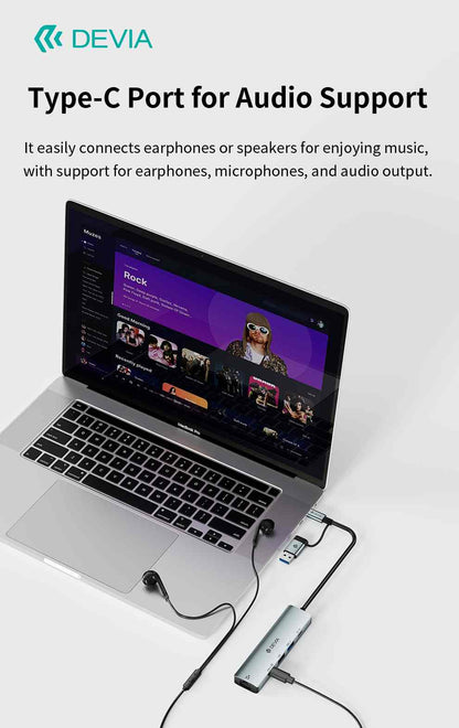 DEVIA Pro2 USB+Type-C to RJ45+2A+2C 5-in-1 Hub with RJ45, USB 3.0, USB 2.0, and two Type-C Ports