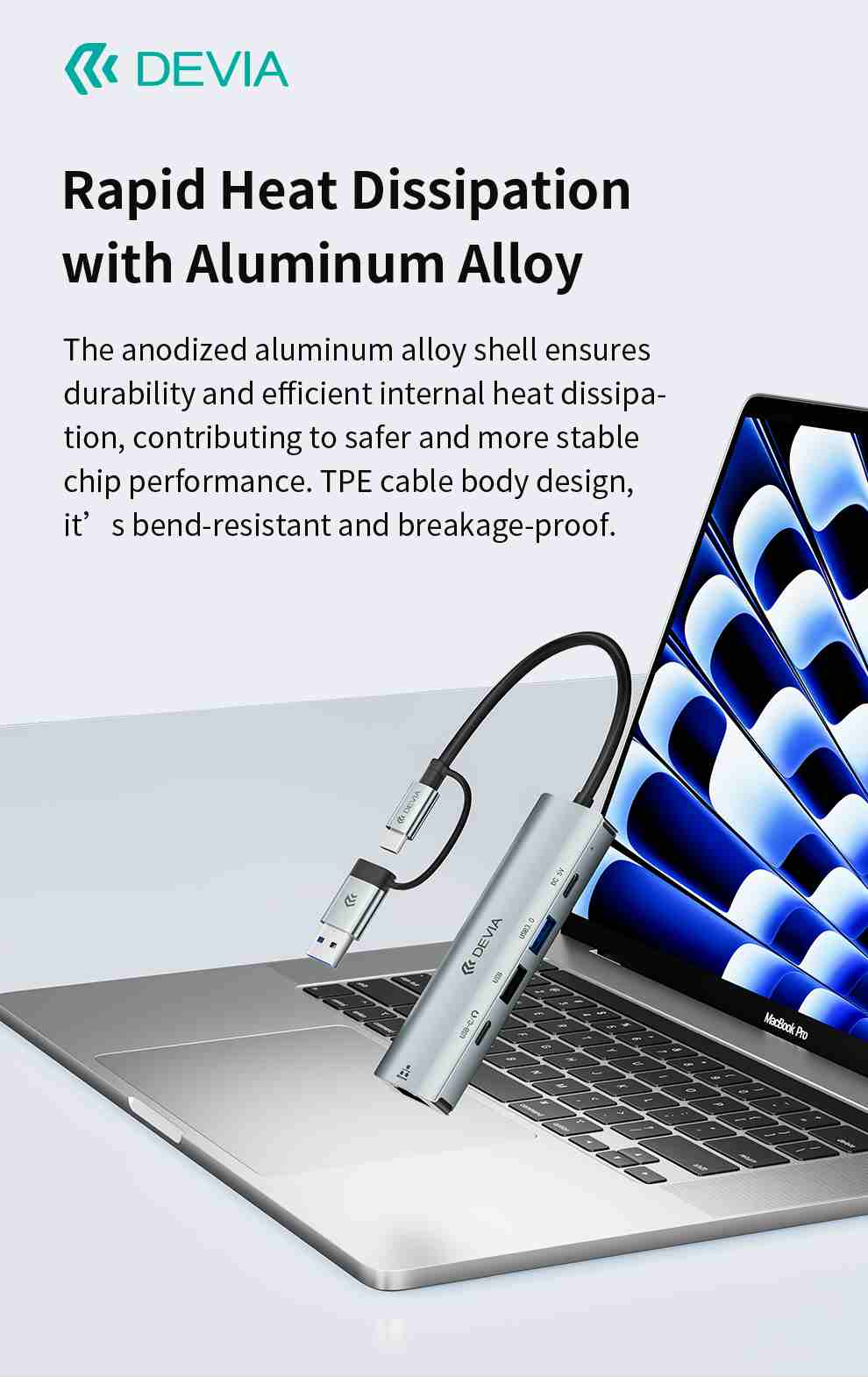 DEVIA Pro2 USB+Type-C to RJ45+2A+2C 5-in-1 Hub with RJ45, USB 3.0, USB 2.0, and two Type-C Ports