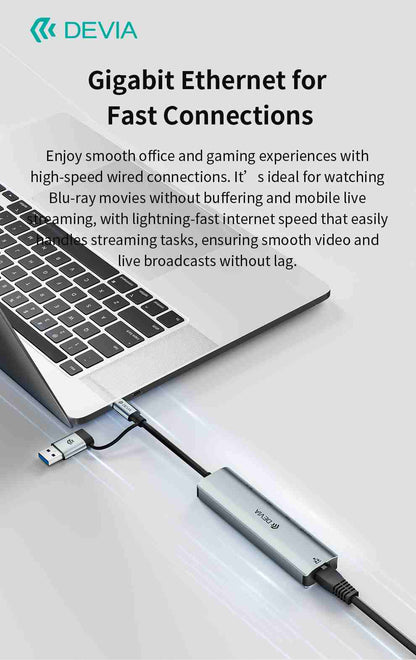 DEVIA Pro2 USB+Type-C to RJ45+2A+2C 5-in-1 Hub with RJ45, USB 3.0, USB 2.0, and two Type-C Ports