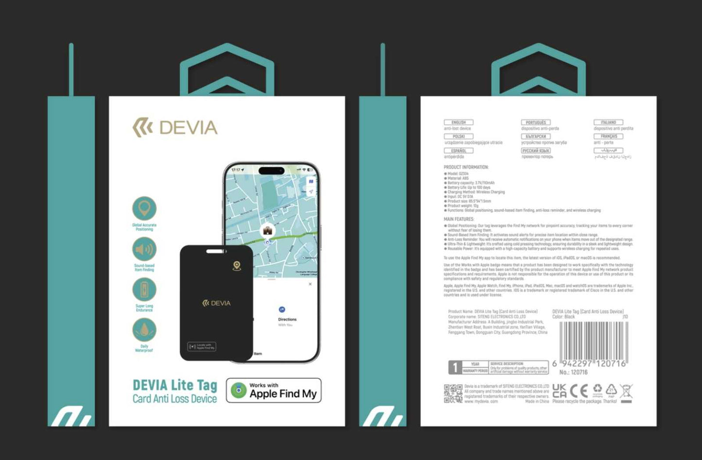 DEVIA Lite Tag Bluetooth Card-Shaped Anti-Loss Device with Wireless Recharging - Black