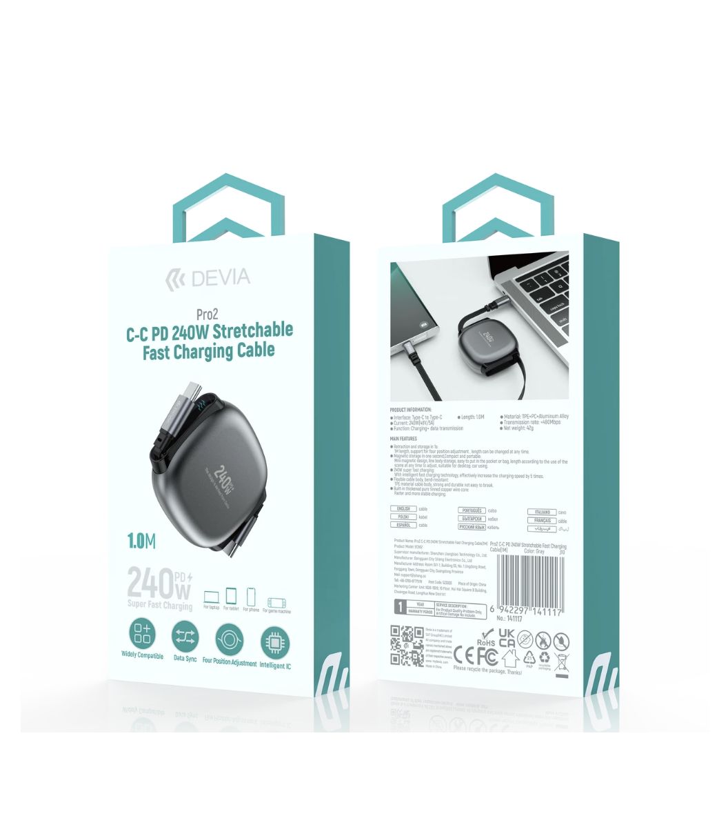 DEVIA Pro2 C-C PD 240W Stretchable Fast Charging Cable (1.0M) - Gray