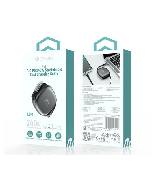 DEVIA Pro2 C-C PD 240W Stretchable Fast Charging Cable (1.0M) - Gray