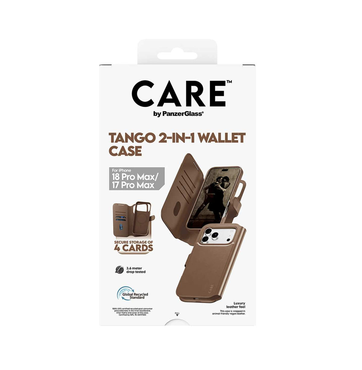 CARE by PanzerGlass Tango 2-in-1 Wallet Case with MagSafe for iPhone 18/17 Series (2026) - Brown