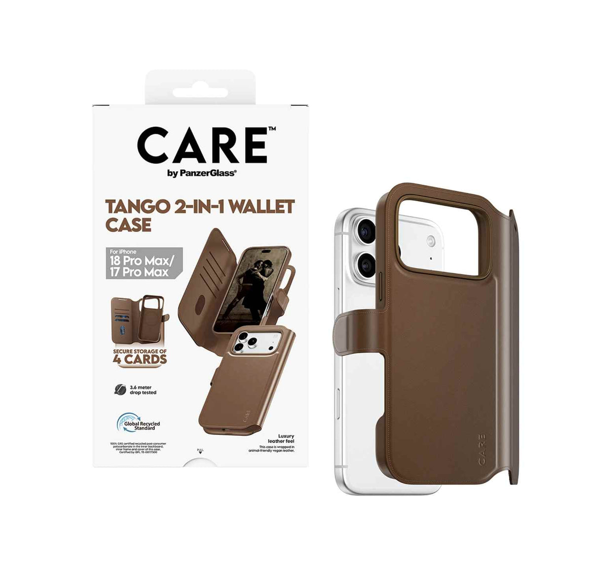 CARE by PanzerGlass Tango 2-in-1 Wallet Case with MagSafe for iPhone 18/17 Series (2026) - Brown