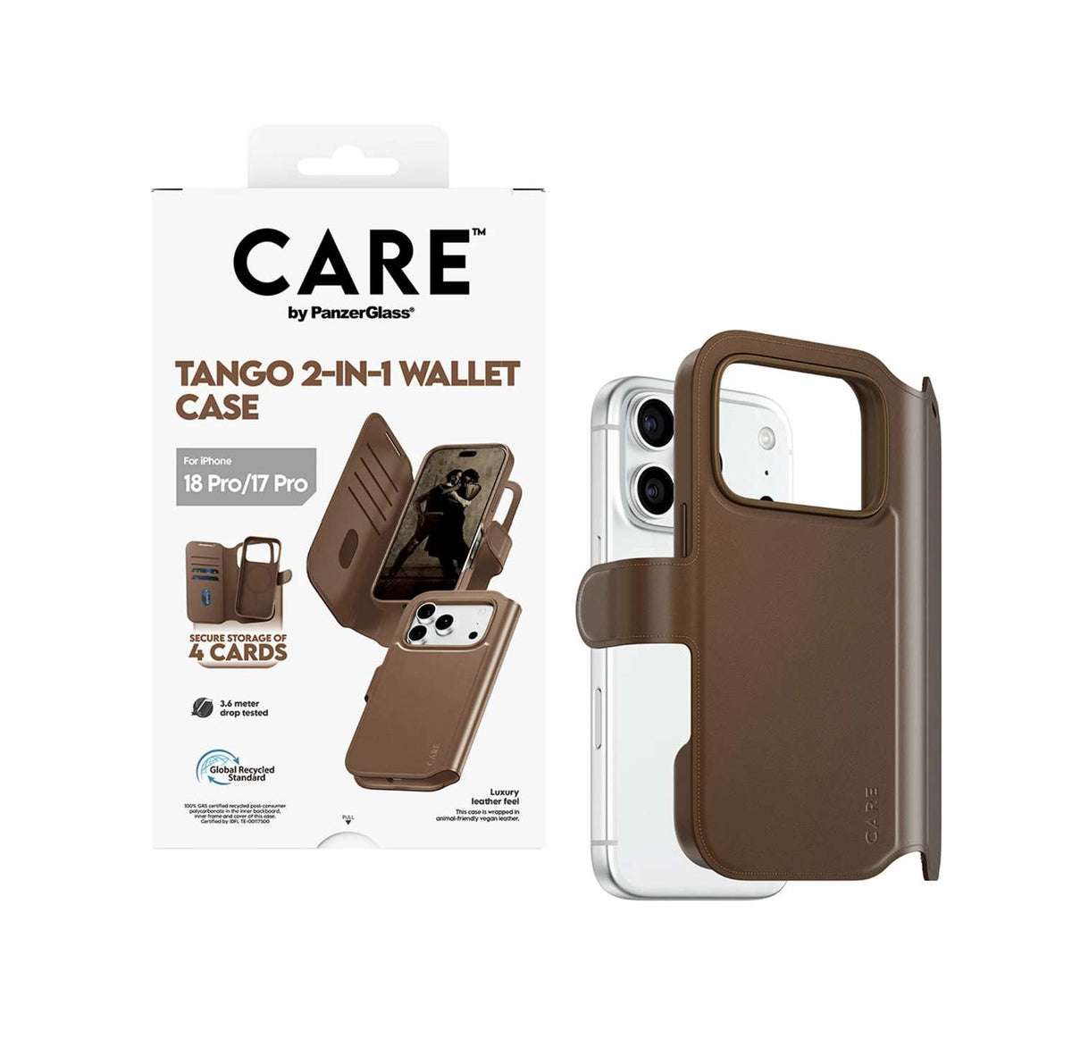 CARE by PanzerGlass Tango 2-in-1 Wallet Case with MagSafe for iPhone 18/17 Series (2026) - Brown