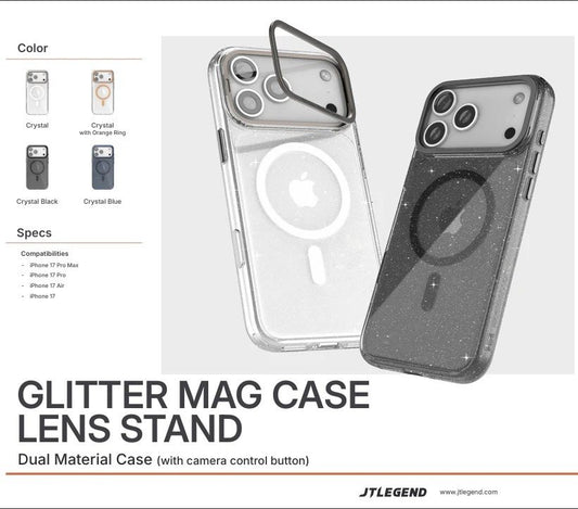 JTLEGEND Glitter Hybrid Cushion Mag Case with MagSafe & Lens Stand for Apple iPhone 17 Series (2025) (with Camera Control Button)