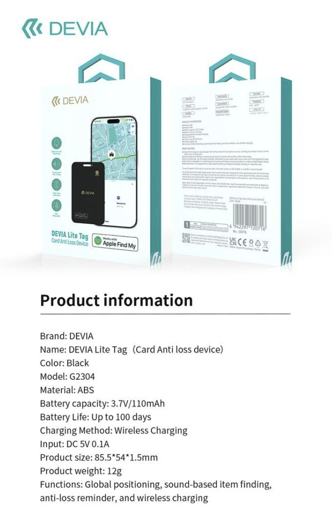 DEVIA Lite Tag Bluetooth Card-Shaped Anti-Loss Device with Wireless Recharging - Black