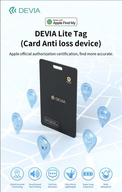 DEVIA Lite Tag Bluetooth Card-Shaped Anti-Loss Device with Wireless Recharging - Black