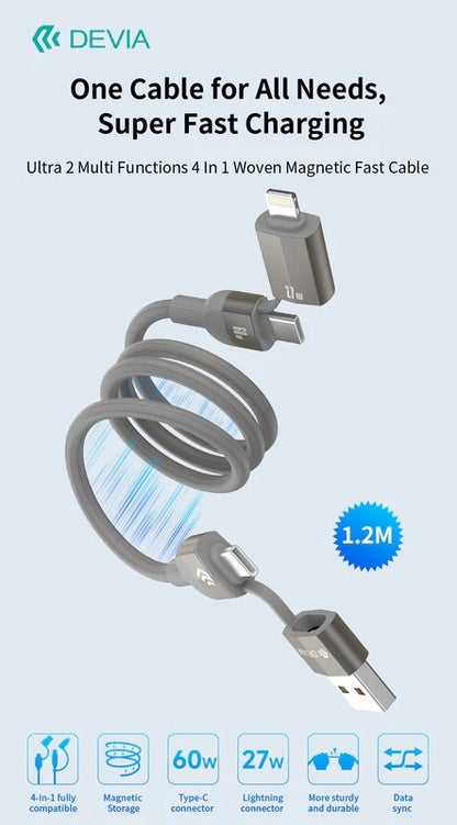 DEVIA Ultra 2 Multi Functions 4 In 1 Woven Magnetic Fast Cable (1.2M)- Natural Titanium