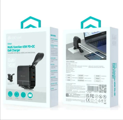 DEVIA Global Multi-function 45W PD+QC GaN Charger for Laptops, Tablets and Smartphones - Black