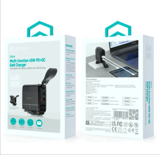 DEVIA Global Multi-function 45W PD+QC GaN Charger for Laptops, Tablets and Smartphones - Black