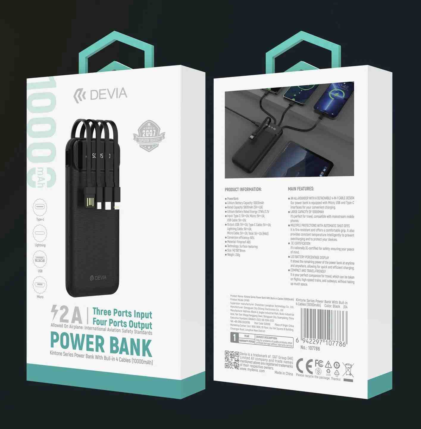 DEVIA Kintone Series Power Bank With Built-in 4 Cables (10000mAh)