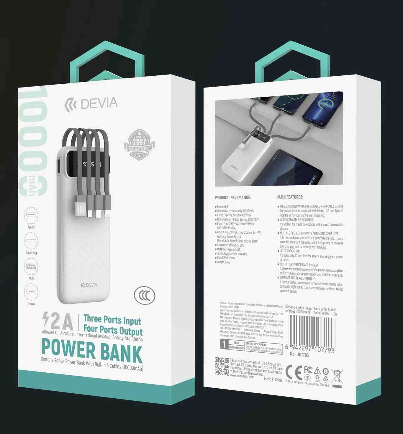 DEVIA Kintone Series Power Bank With Built-in 4 Cables (10000mAh)