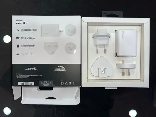 Mophie Essentials 70W GaN Wall Charger 3 Ports 2C1A with US/AUS/EU/UK Travel Pin - White