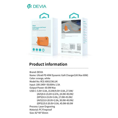 DEVIA Ultra6 PD 40W Dynamic GaN Charger (UK, Max 60W) for Laptops, Tablets and Smartphones