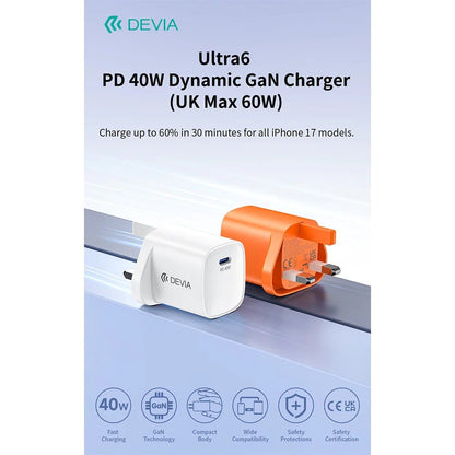 DEVIA Ultra6 PD 40W Dynamic GaN Charger (UK, Max 60W) for Laptops, Tablets and Smartphones