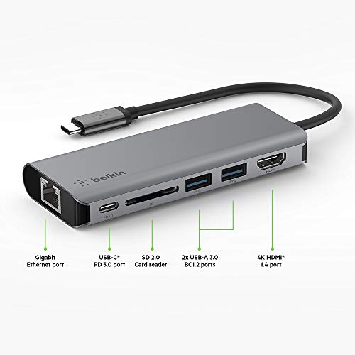 Belkin USB C Hub, 6-in-1  MultiPort  Adapter Dock with 4K HDMI, USB-C 100W, 2 x USB A, Ethernet Port