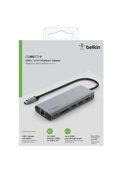 Belkin USB C Hub, 6-in-1  MultiPort  Adapter Dock with 4K HDMI, USB-C 100W, 2 x USB A, Ethernet Port