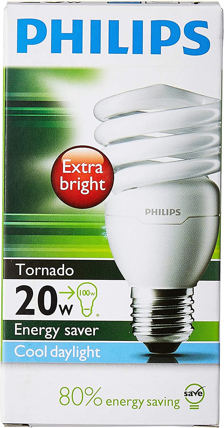 Philips Tornado 20W Energy Saver Cool Daylight Extra Bright 80% Energy Saving E27 220-240V 50-60Hz