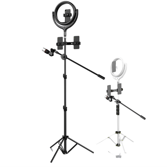 Devia Live Streaming Tripod Stand with LED Ring Light, White (12", 1.7m)