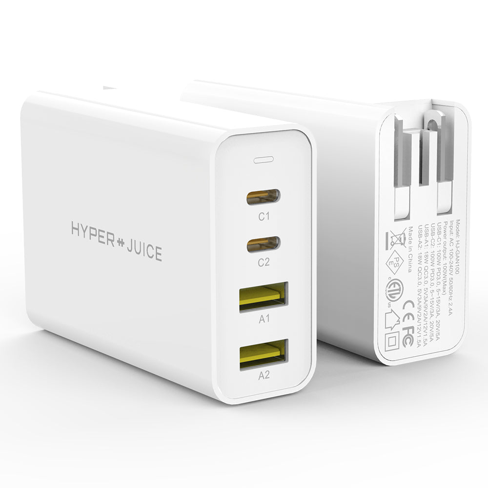 Hyper Juice 100W GaN USB-C Wall Charger, 4-Port (2 X USB-C + 2 X USB-A) Quick Charge 3.0 PD USB C