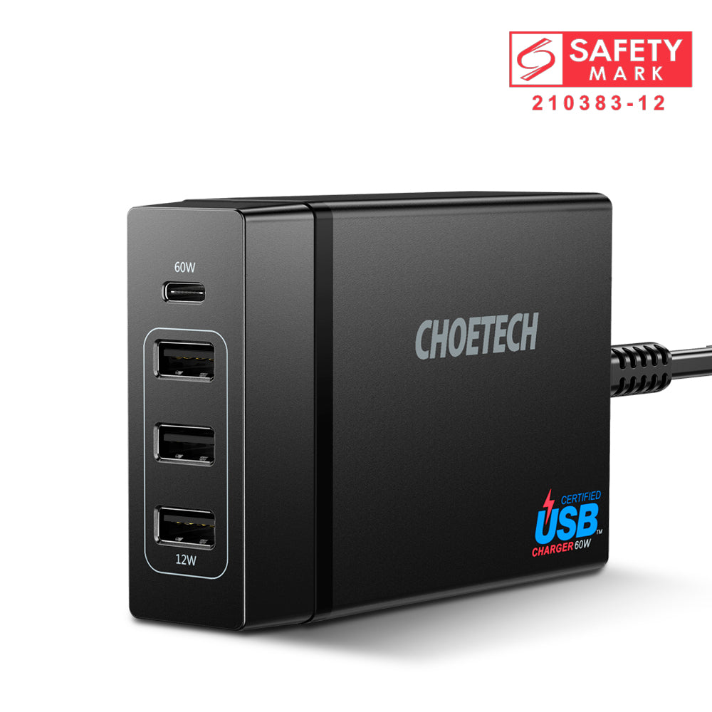 Choetech 72W 4-Port USB-C PD 60W Charger (1*USB-C (PD) + 3* USB-A Ports)