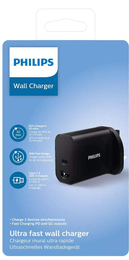 Jaz Authentic x Philips Ultra Fast Wall Charger Type-C & USB-A PD and QC Outputs, 30W, 50% Charge in 30 mins